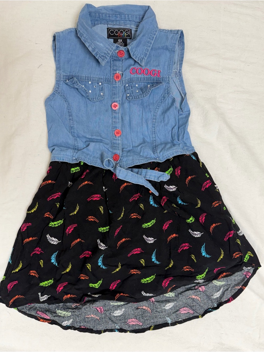 Coogi Kids Girls 6X Chambray Colorful Feather Print Dress